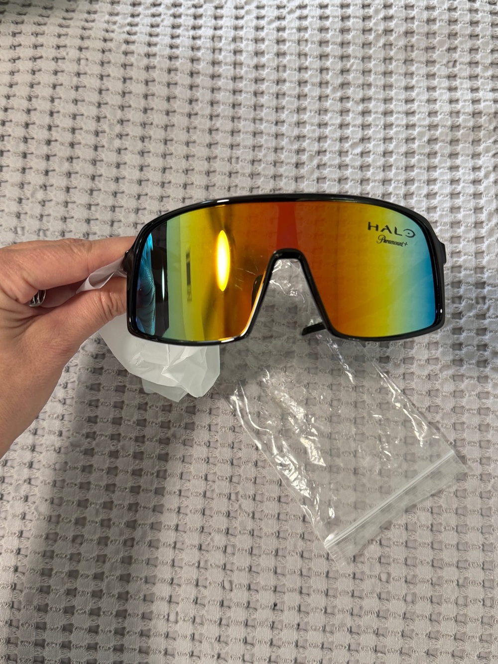Halo Video Game Viper Style Sunglasses - Black Frame with Rainbow Mirrored Lens